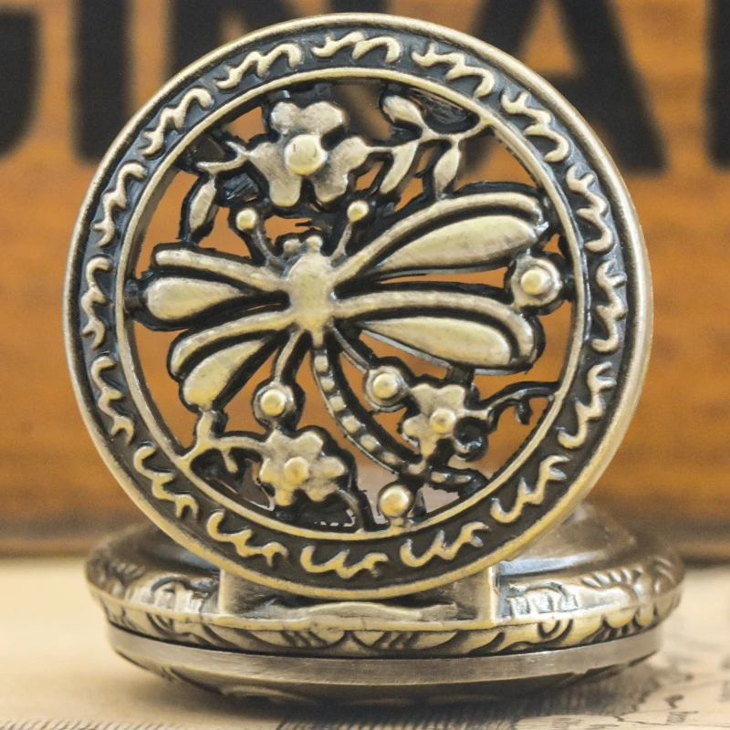 Small, Retro Bronze Steampunk Dragonfly Engraved Small Quartz Pocket Watch Necklace Pendant Clock Chain Men And Women Chain Gift