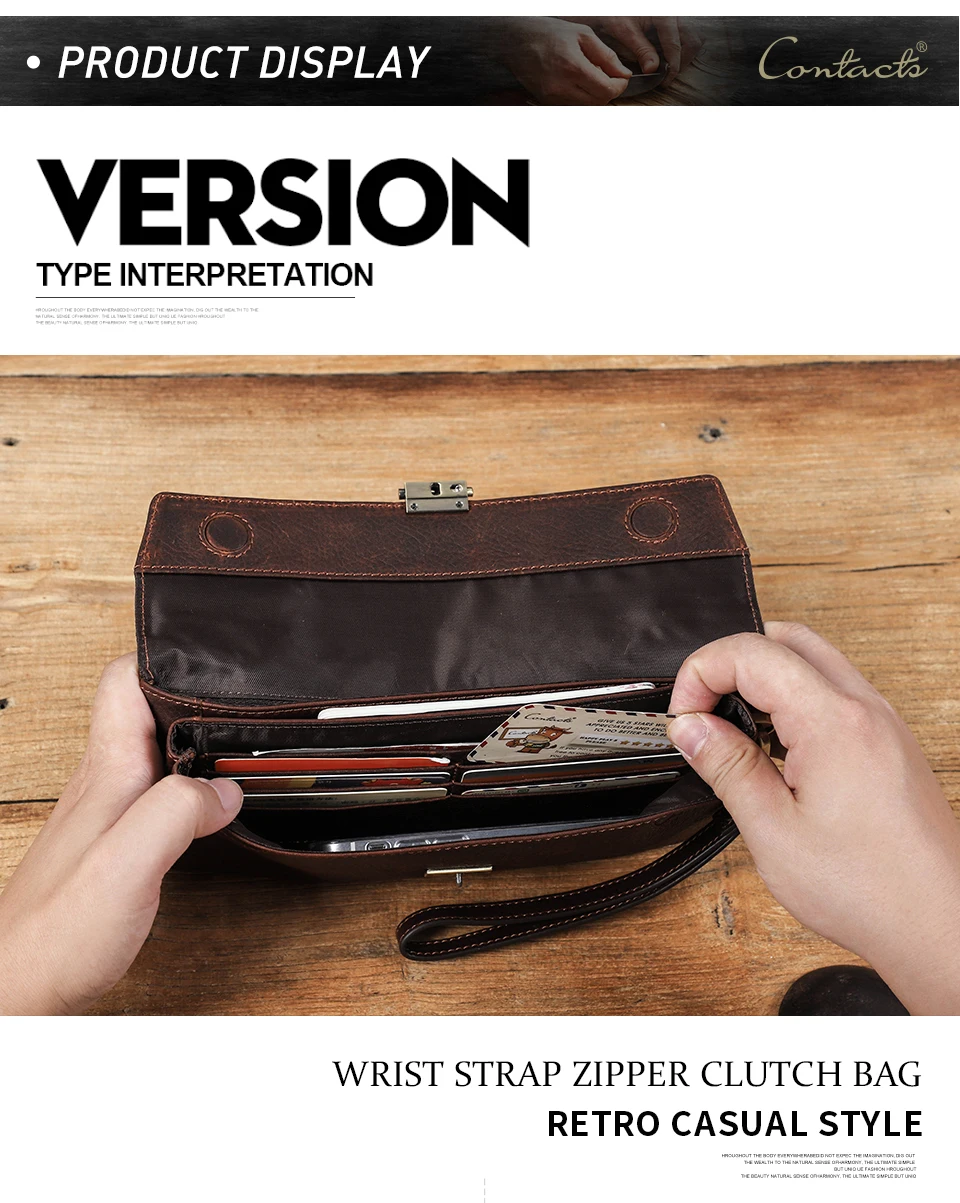 CONTACT'S Handgefertigte Vollnarbenleder-Clutch-Tasche mit RFID-Schutz, Handgelenktasche, Große Kapazität, Herren-Reißverschlusstasche für Business – Detail 11