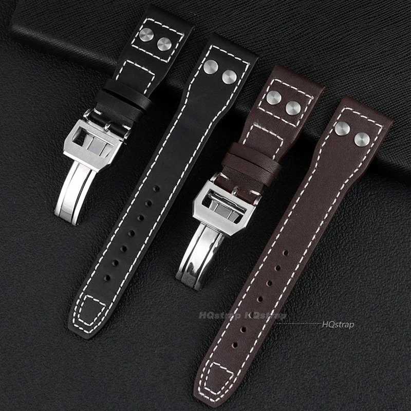 สําหรับนักบิน IWC Cowhide สร้อยข้อมือ 22 มม.21 มม.20 มม.หนังแท้เหล็กพับหัวเข็มขัดสายรัดข้อมือสีดําอุปกรณ์เสริม
