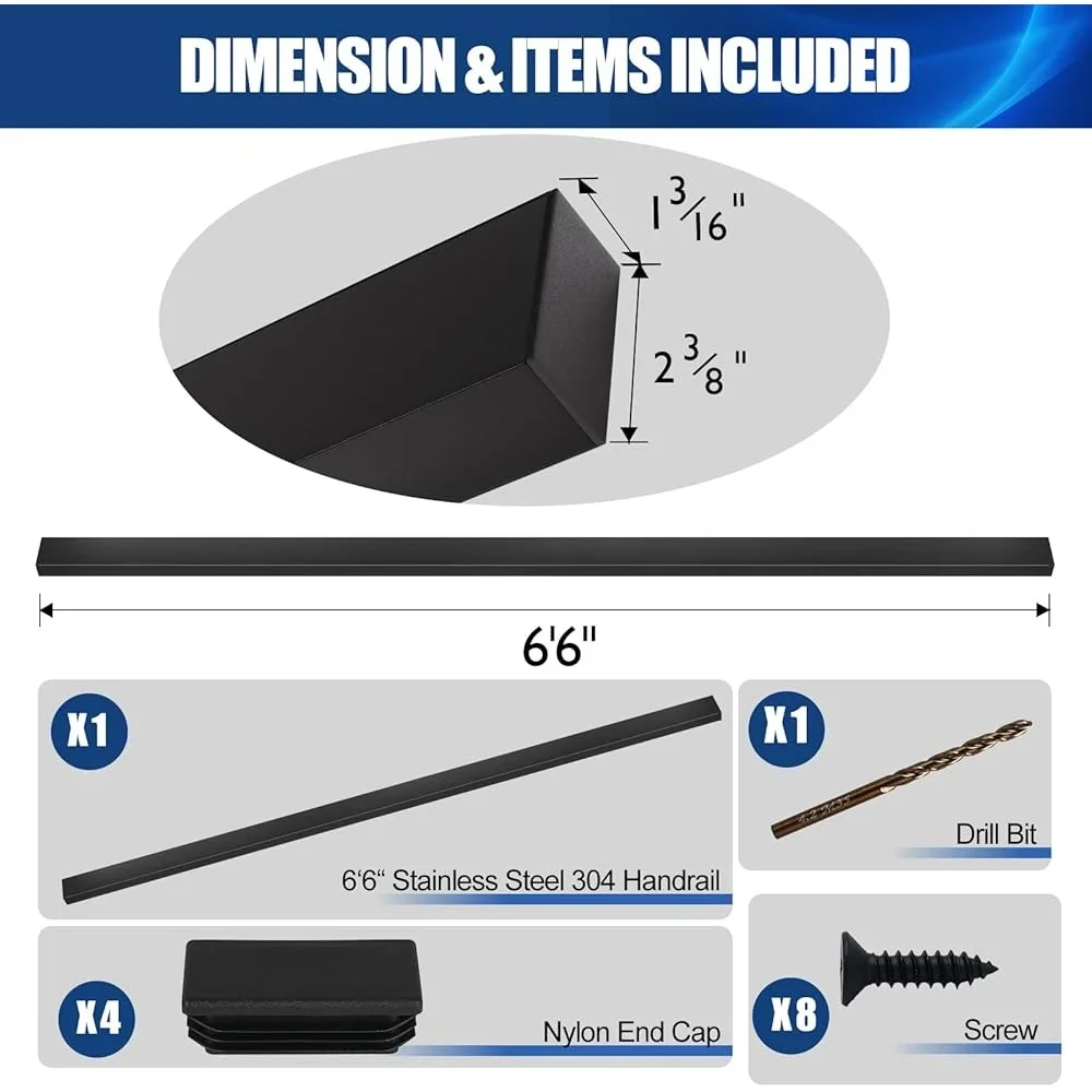 Stainless Steel T304 Cuttable Rectangular Handrail Indoor Outdoor Deck Stair Railing Matte Black Rust Resistant Easy Install