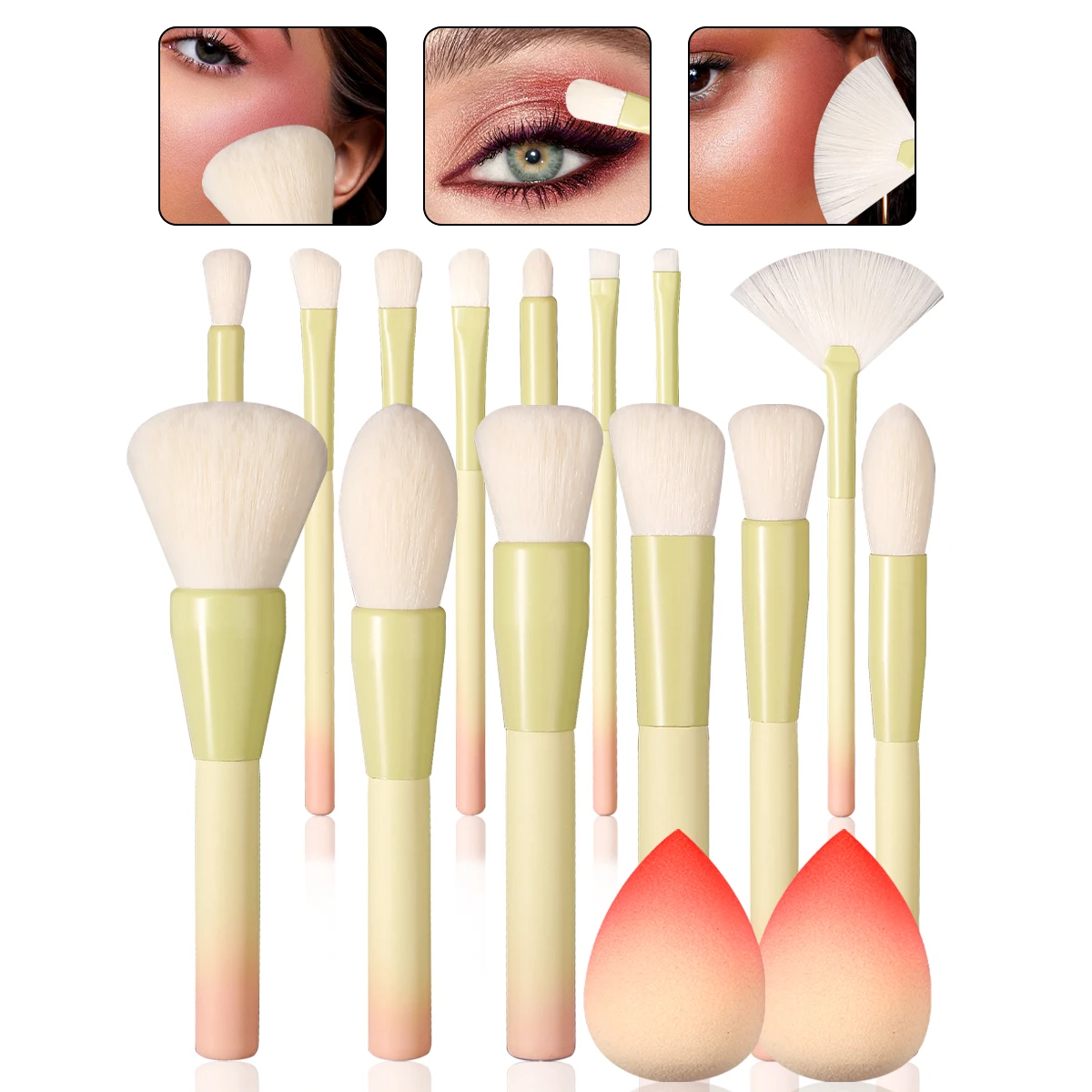 Juego de brochas de maquillaje profesional de 14 piezas con 2 esponjas: brochas para base/blush/ojos, kit de cosméticos de viaje para regalo para principiantes y mujeres