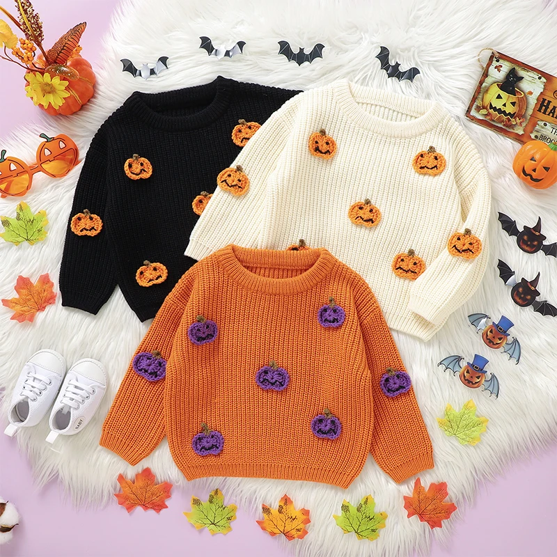 Baby Girls Boys Knitted Sweater Long Sleeve Crew Neck Pumpkin Warm Halloween Clothes Outerwear Winter Kids Tops Outfits