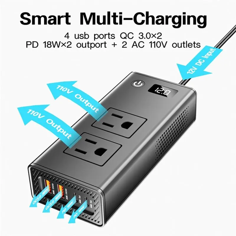 N26R-Portable 200W Car Inverter Adapter Convert 4 USB Port 2 Sockets Plug Digital Display PD Fast Charging For Travel US Plug