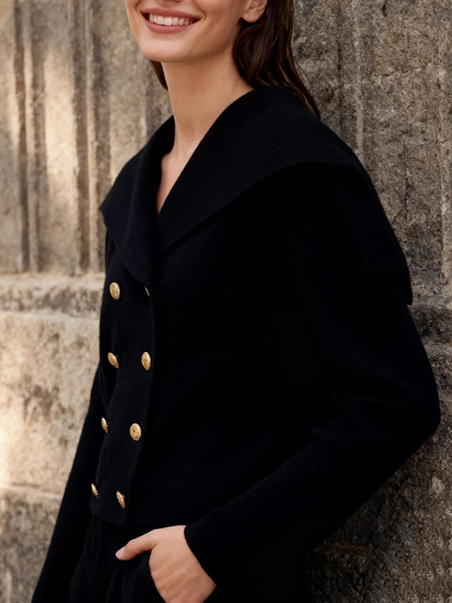 Twotwinstyle preto elegante estilo casual camisola para mulheres lapela mangas compridas emendado duplo breasted cardigans casaco feminino novo