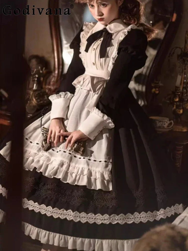 

New Fashion Age Reduction Lolita Dark Gothic Dress Spring Autumn Girl High Waist A-line Sweet Peter Pan Collar Maid Cos Dresses