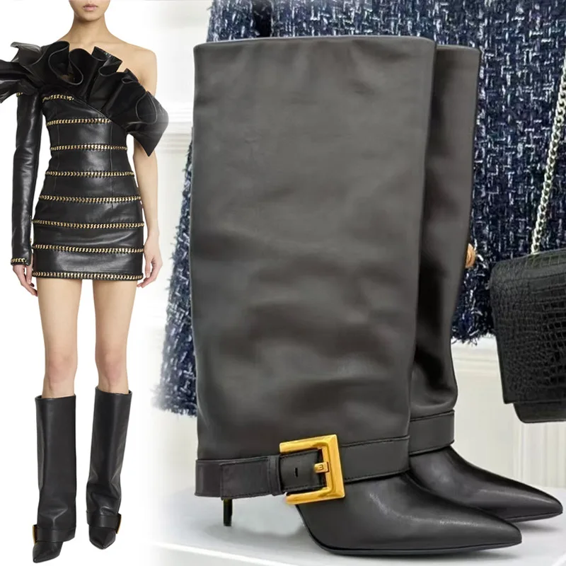 

New Pointed-Toe Metal Buckle Boot Lady High-Heeled Women's Slip-On Trousers Boots Plus Size Straight-Leg Over-The-Knee Boot 2026