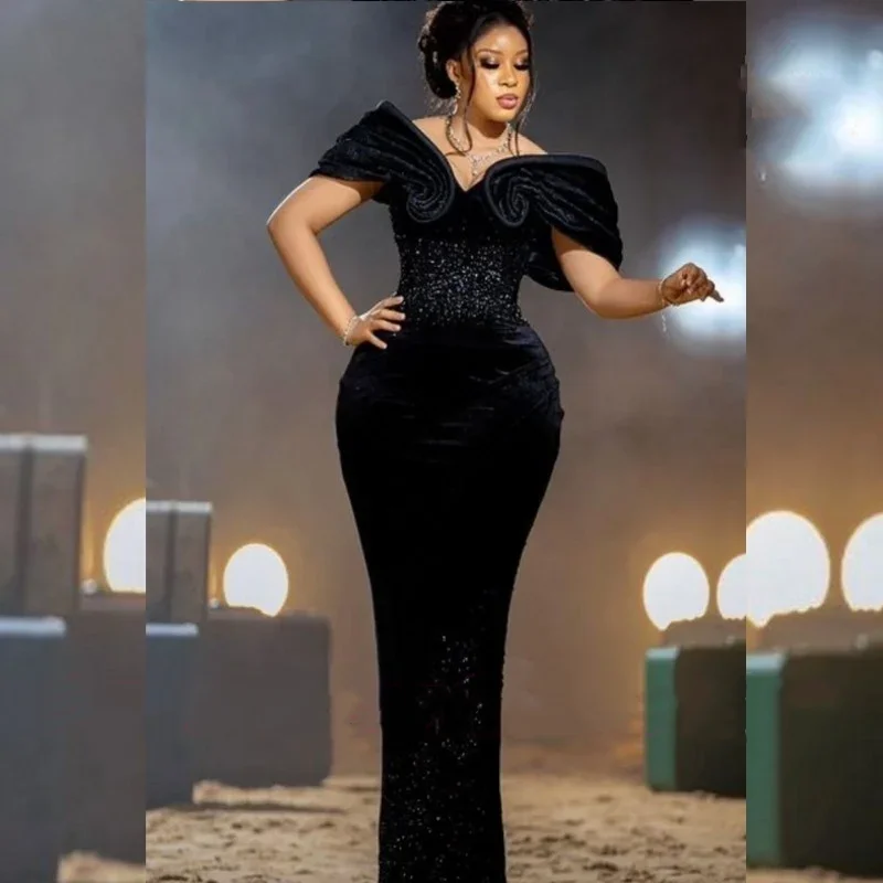 Elegant V-neck Black Mermaid Evening Dress Luxury Glitter Ball Dress African Women's Banquet Party Dress Customized
