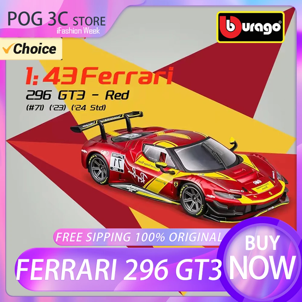 NEW 2023 Bburago 1:43 Ferrari 296 GT3 Rally Car Wrc Acrylic Box Packaging Car Model Edition Alloy Luxury Vehicle Toys Kids Gift