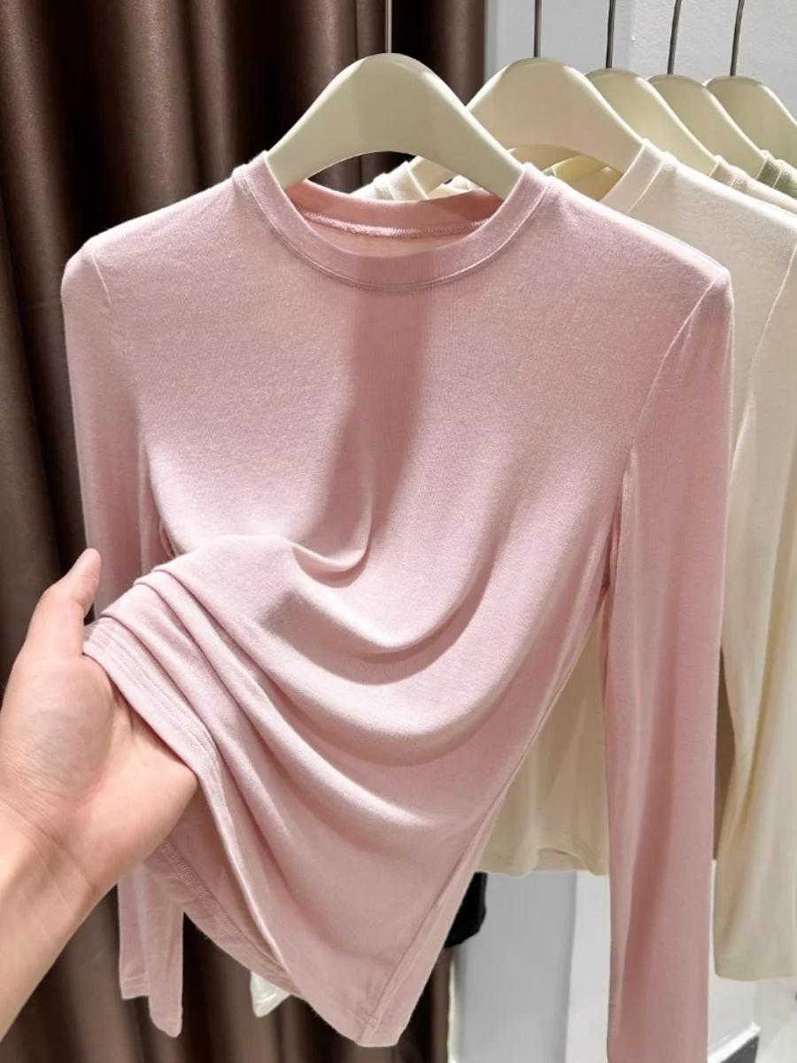 Clearance Leak-Picking ~ Withdraw Foreign Trade Pink round Neck Modal Base Shirt Inner wear Super Elastic Skin Long sleeves S...