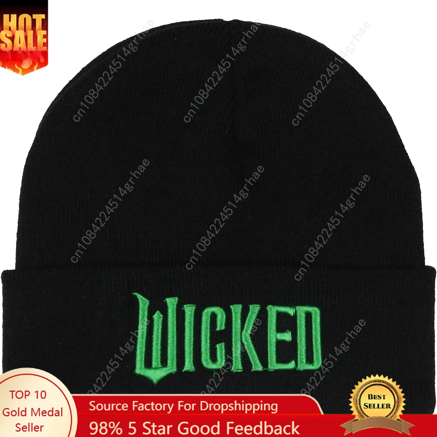 

Wicked Embroidered Raised 3D Movie Logo Adult Novelty Knit Cuff Pom Pom Beanie Winter Hat Cold Weather Cap OSFM Women Men Black