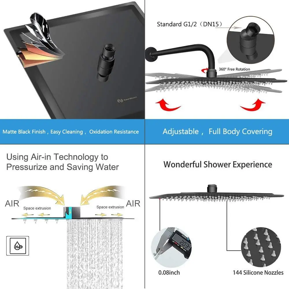 رأس دش مربع عالي التدفق باللون الأسود غير اللامع مقاس 12 بوصة مع رذاذ جسم شلال أو سقف أو مثبت على الحائط