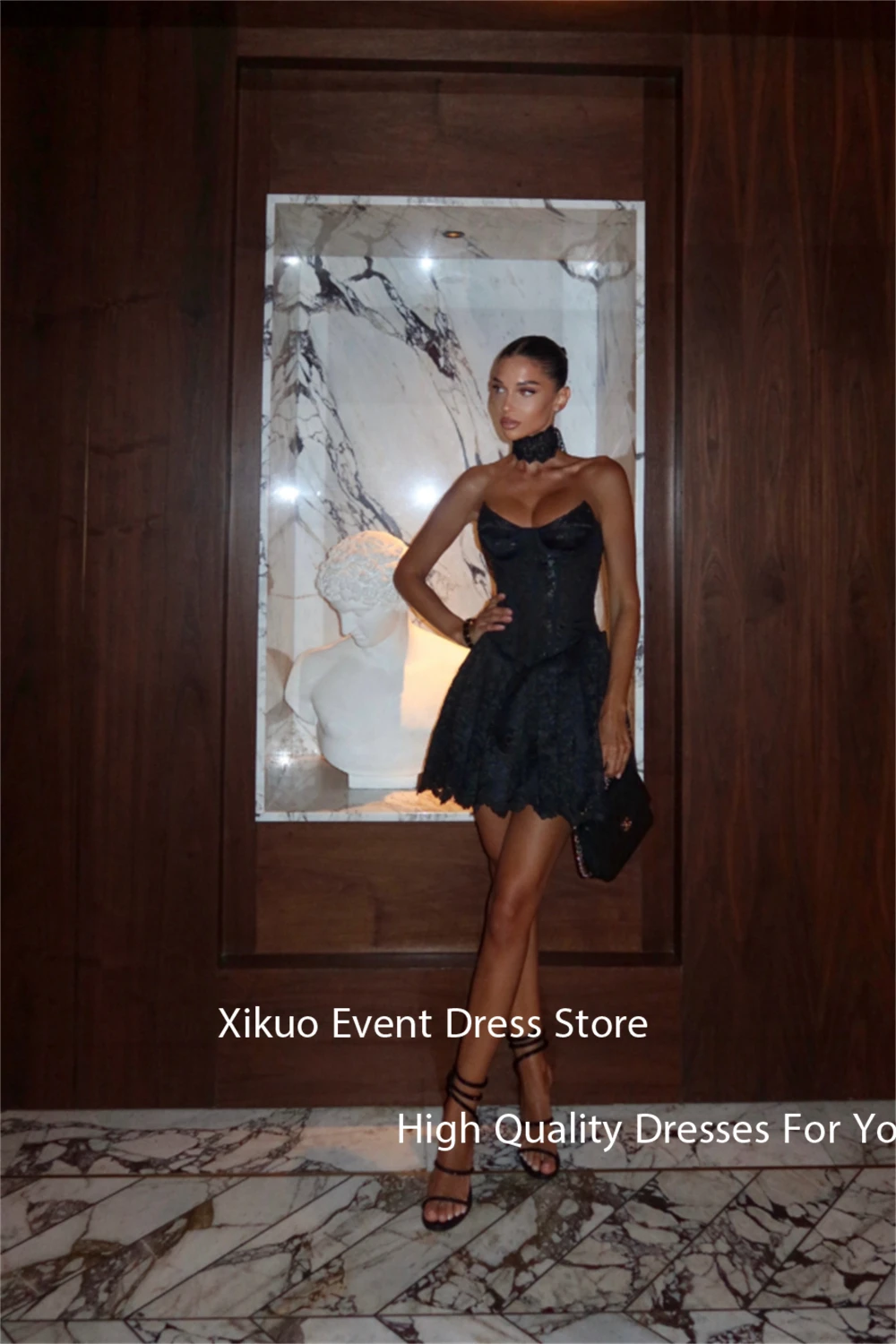 Xikuo ミニブラックレースのイブニングドレス恋人セクシーなコルセットウエディングドレスアップリケ膝上カクテルドレス女性カスタマイズ