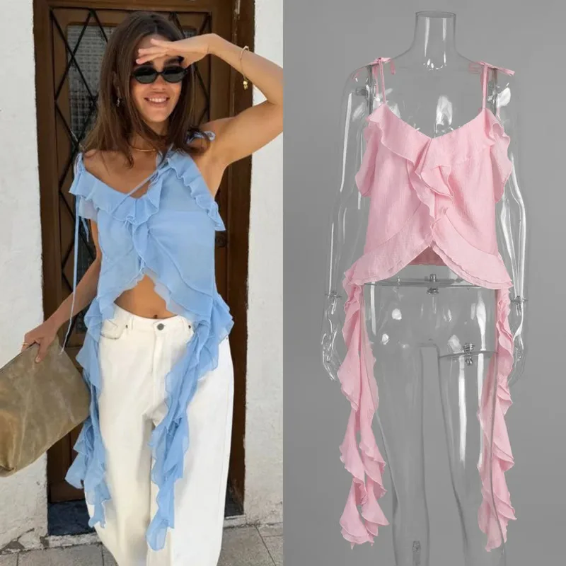 

Fashion Women's Ruffle Camisole Top Spaghetti Strap Backless Crop Top Sleeveless Tassel Hem Sexy Summer Party Clubwear Outfit