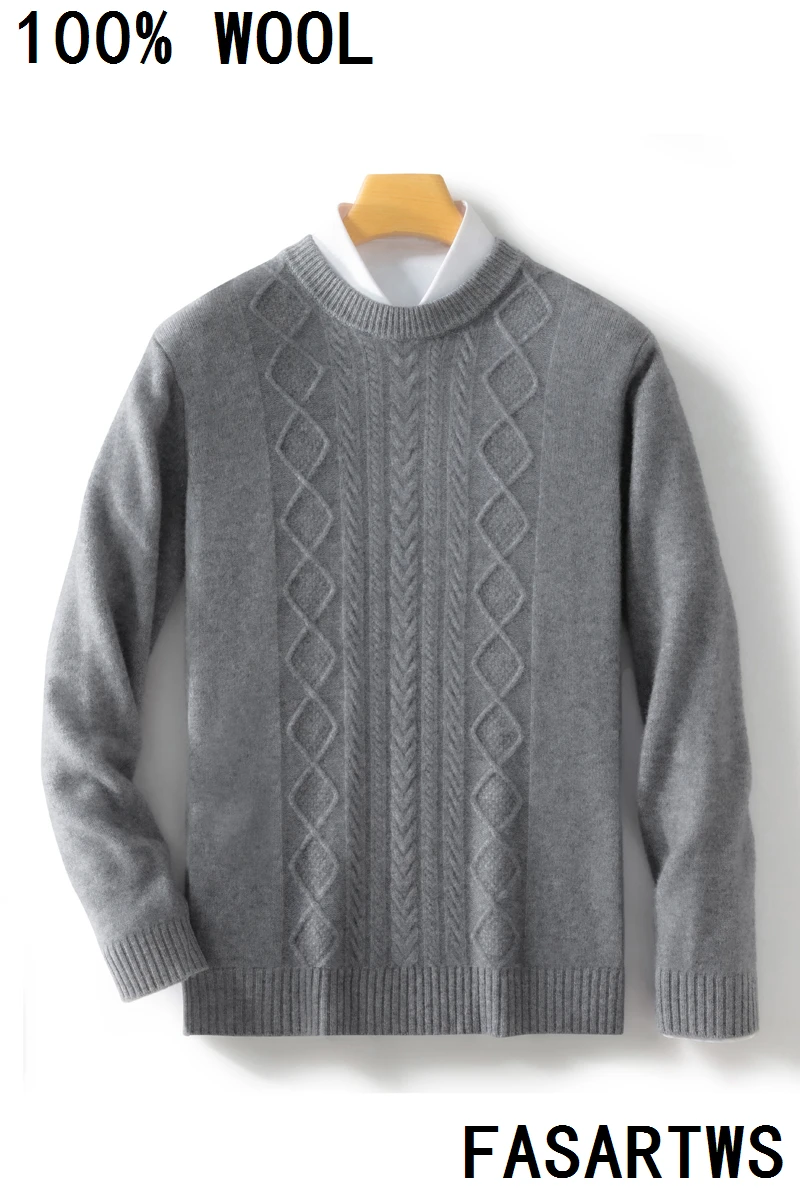 100% suéter de lana australiana, jersey de manga larga con cuello redondo, Otoño Invierno, suéter suave de Jacquard grueso y cálido para hombre, estilo informal