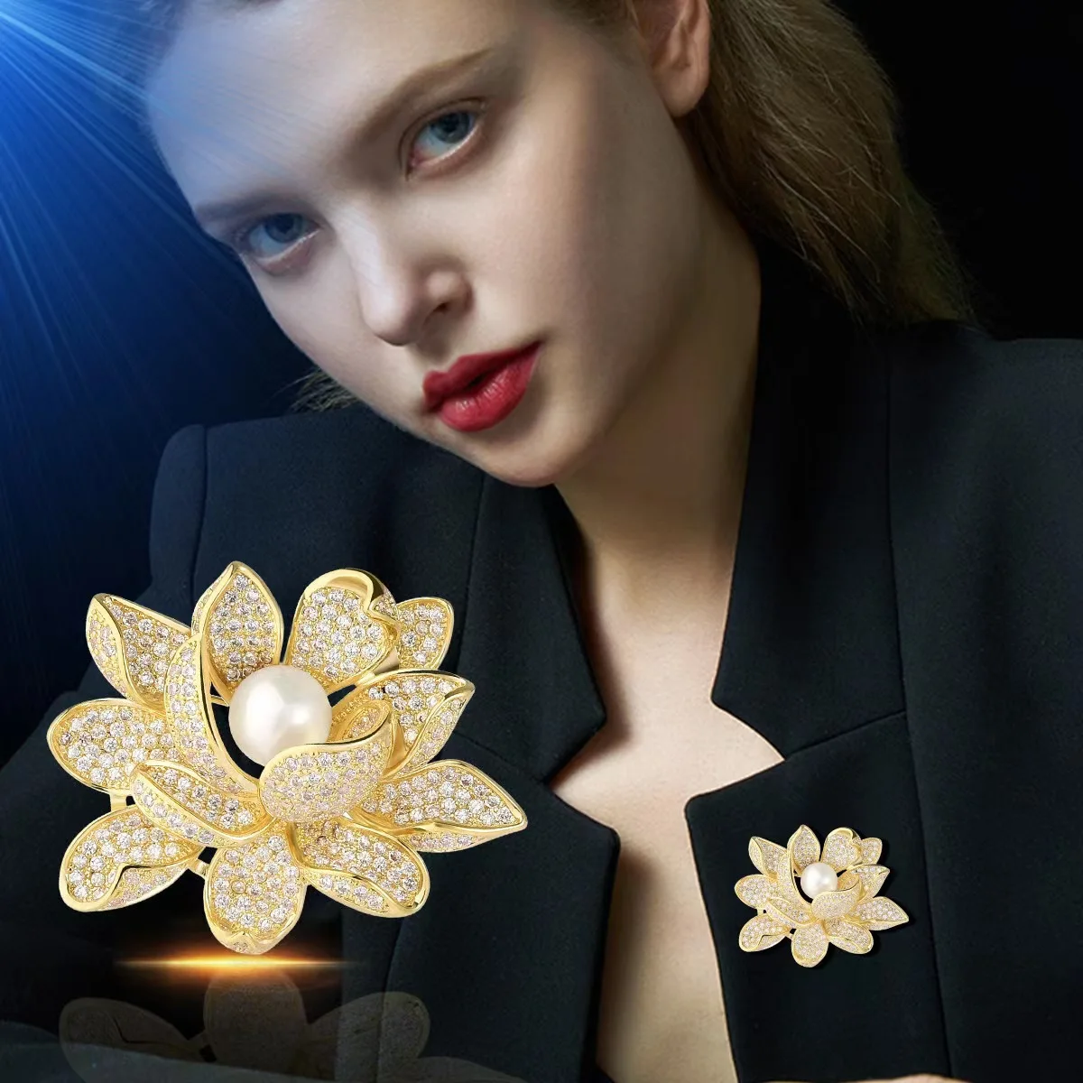 Fashion Women Girls Elegant Emerald Crystal lotus Brooches for women Badges Classic Lady Dress Suit High-end Pins Jewelry