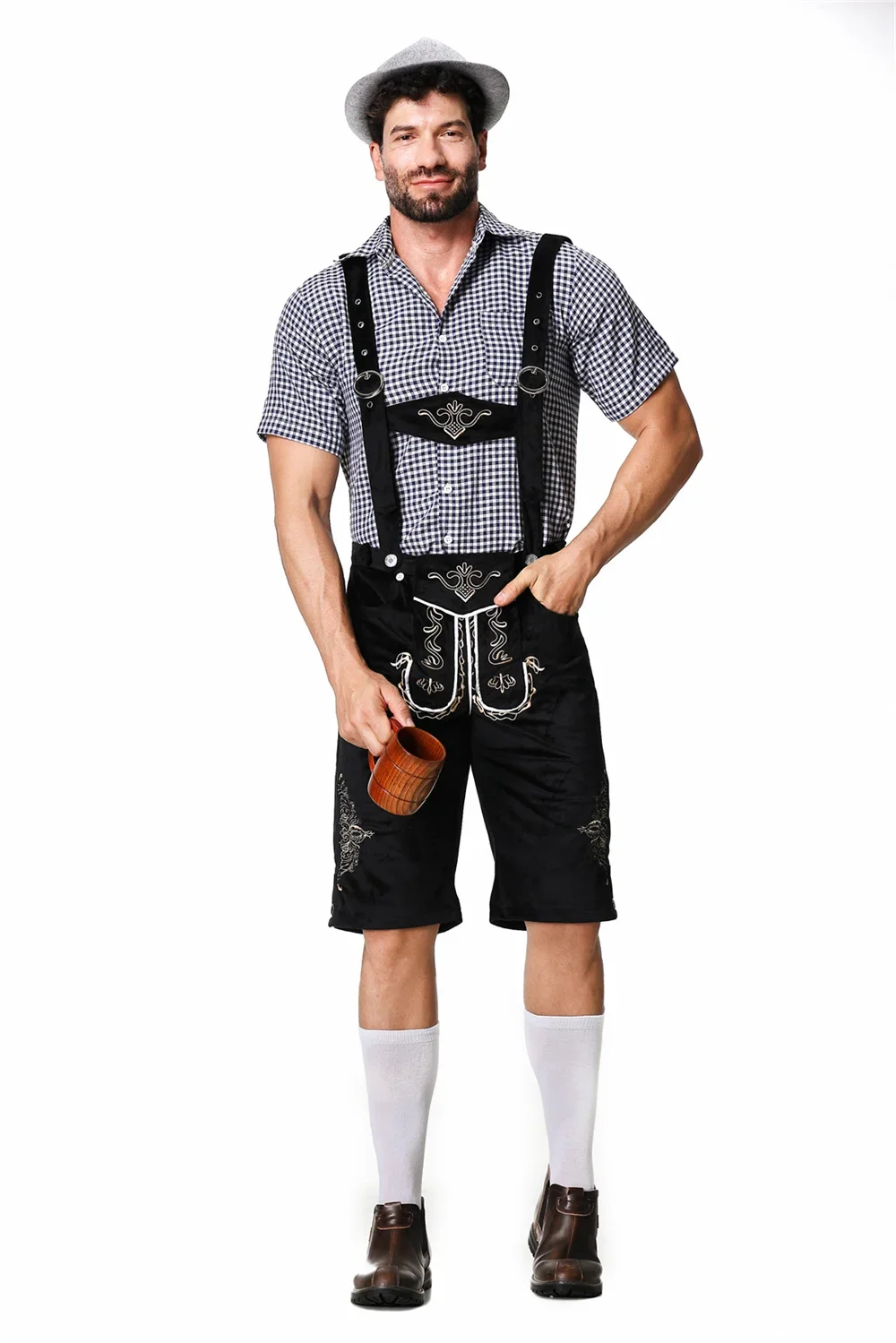 Adulti Oktoberfest pantaloncini bavaresi tedeschi Outfit tuta camicia cappello bretelle Set corto uomo carnevale Halloween Party Costume