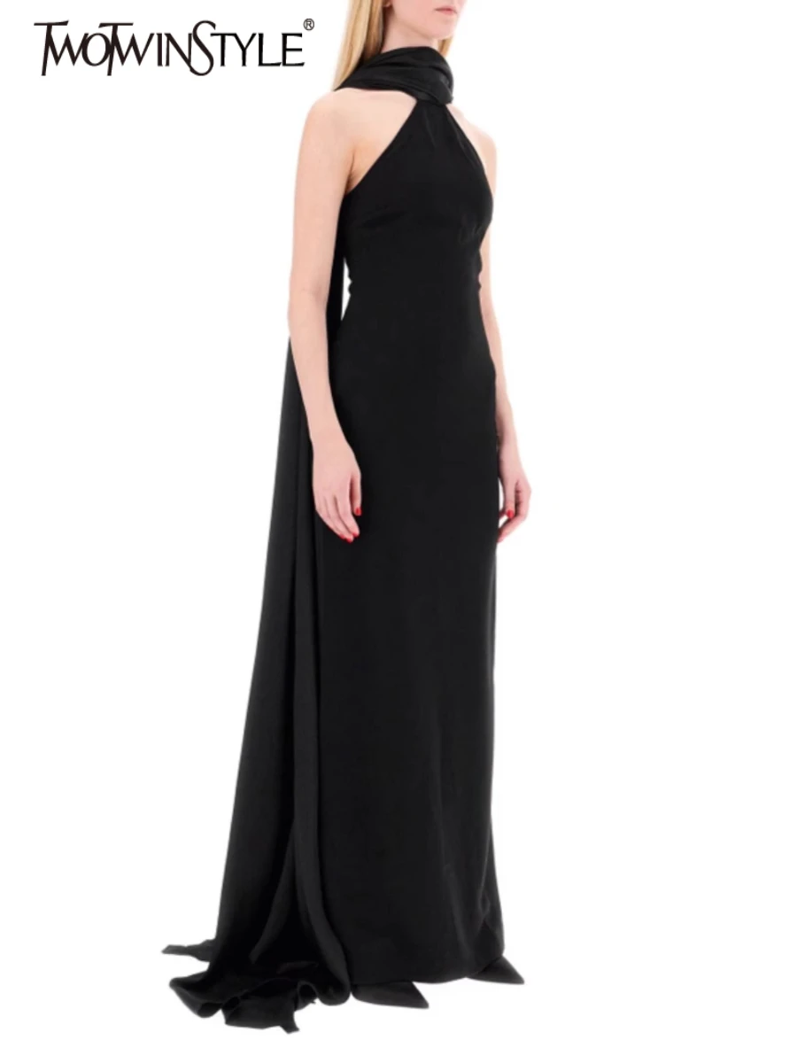 TWOTWINSTYLE Solid Slimming Elegant Dresses for Women Halter Neck Sleeveless Patchwork Lace Up Temperament Dress Female Clothing