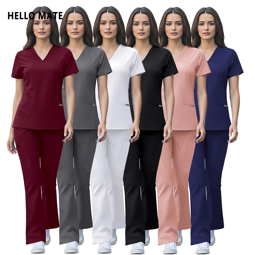 

Medical Scrubs Woman Hospital Doctor Surgical Uniform Pharmacy Nursing Set Pocket Top Bell-bottoms Beauty Clinical Nurse Clothes
