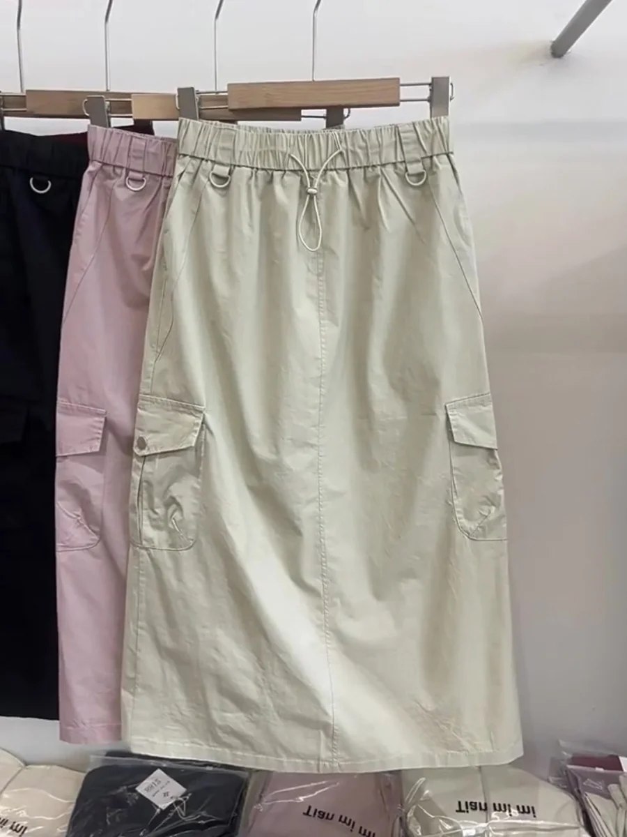 Retro American Mountain System Women's High Waist A-Line Skirt Mid-Length Slit Elastic Waist Drawstring Summer New Arrival