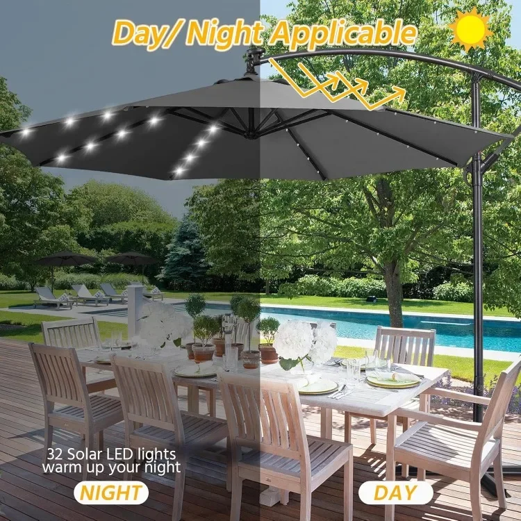 10FT Solar Offset Umbrella with 32 LED Lights Cantilever Hanging Outdoor Umbrellas Handy Crank & Cross Base for Lawn/Deck