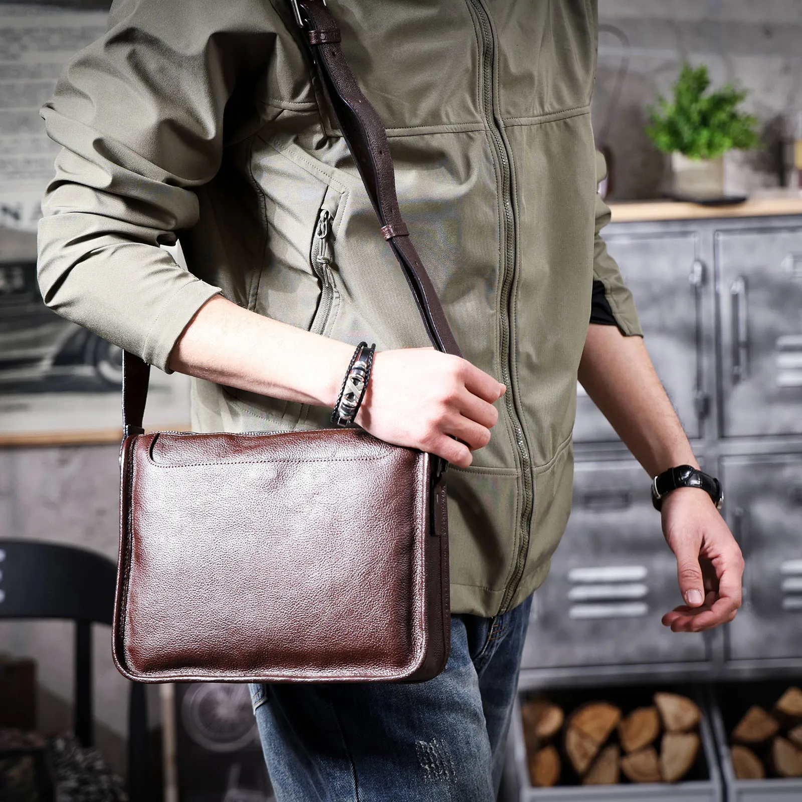 Echte Leder-Umhängetasche für Herren, Unisex, einfache Rindsledertasche, oberste Schicht pflanzlich gegerbtes Leder, modisch und lässig – Detail 4