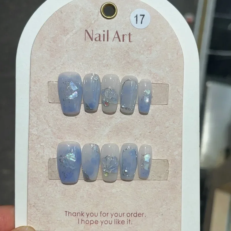 10pcs Handmade Ballet Fake Nails with Glue Fake Nails Press Ons Beach Sweet Decorated Short Square Press on Nails with Design