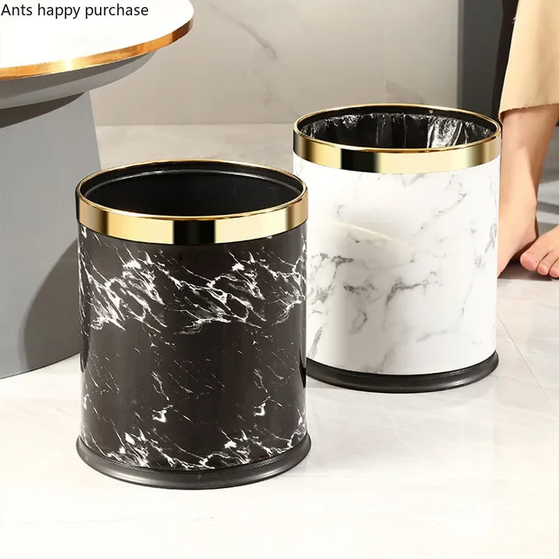 Marbling Metal Leather Trash Can Home Decoration Trash Basket Metal Phnom Penh Storage Bucket Round Without Cover Waste Bins