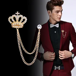 New Luxury Rhinestone Crown Brooch Pin Tassel Lapel Pins Suit Shirt Collar Badge Corsage Brooches for Men Jewelry Accessories