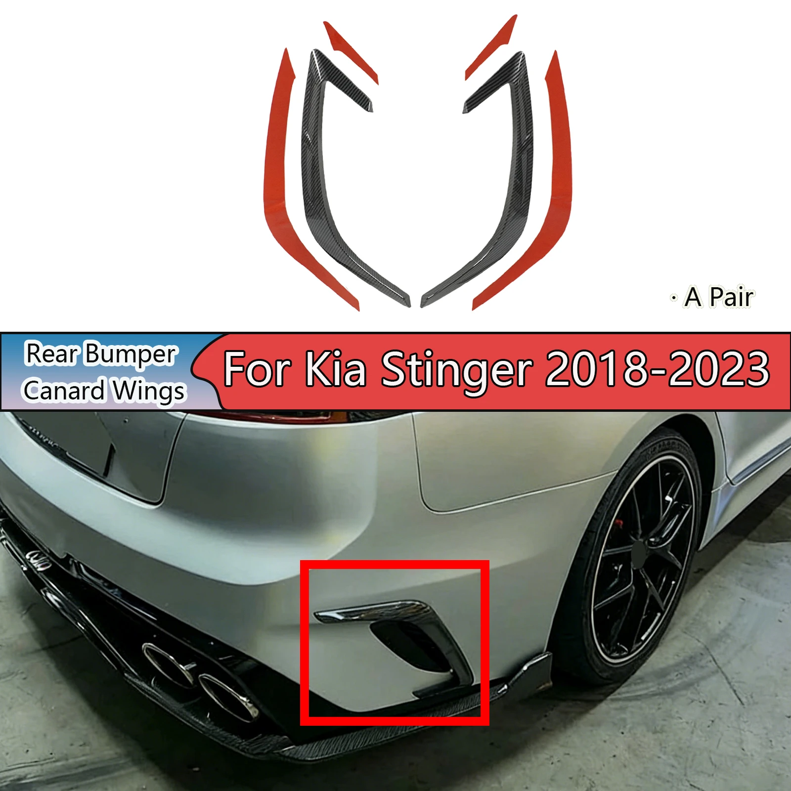 

Для Kia Stinger 2018-2023 задний бампер Canard Wings глянцевый черный цвет из углеродного волокна, окрашенный автомобильный комплект, комплект кузова, боковые автомобили, пара