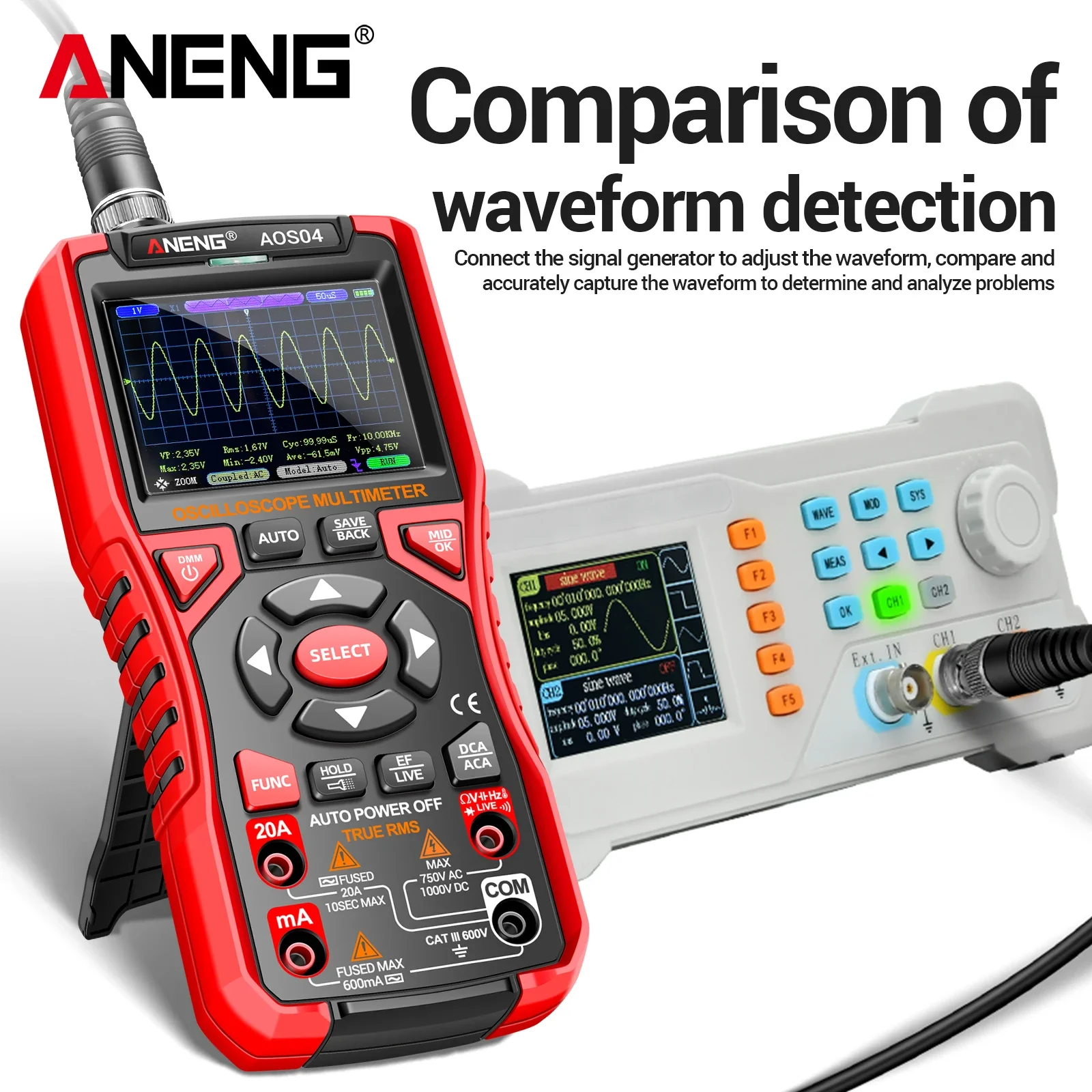 ANENG-AOS04 Multi functional waveform digital oscilloscope 1Hz~5MHz sine wave output 200MS/s sampling rate handheld oscilloscope