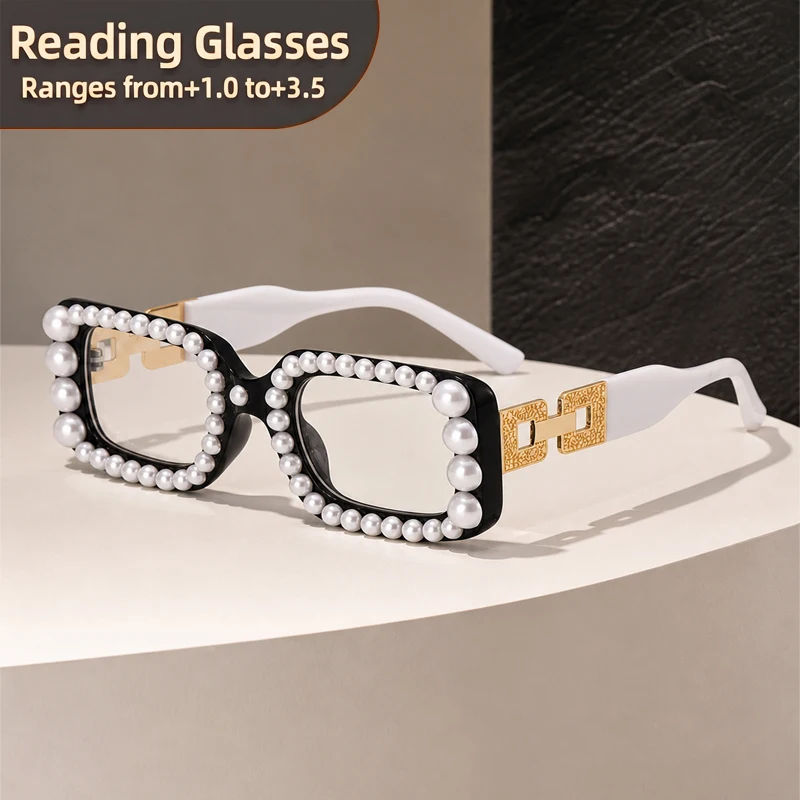 Luxury Pearl-Embellished Oversized Square Monogram Glasses, Suitable For Parties And Daily Wear.
