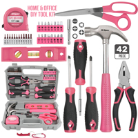 Hi-Spec Pink 42PC Hand Tool Set Household Home Repair Tool Set Screwdriver Tool Kit Scissors Claw Hammer Tools For Home Use