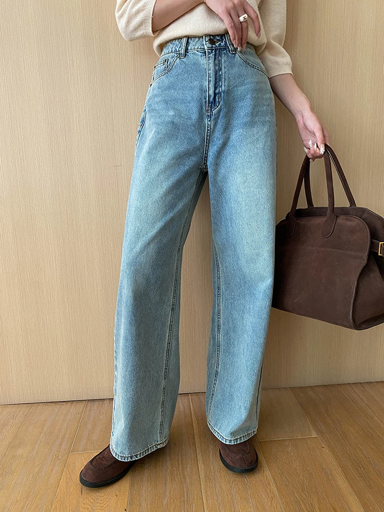 [LANMREM] High Waist Washed Jeans For Women Straight Wide Leg Denim Pants Office Lady Trousers 2024 Autumn New Clothing 26C167