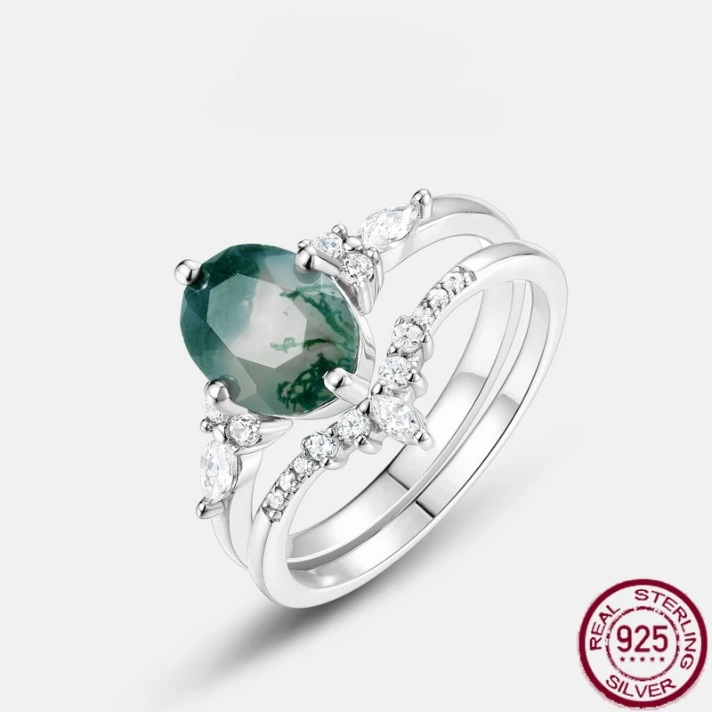 

New S925 Pure Silver Light Luxury Fashion Water Grass Agate Stacked with Green Moss Stone Ring Wedding Jewelry