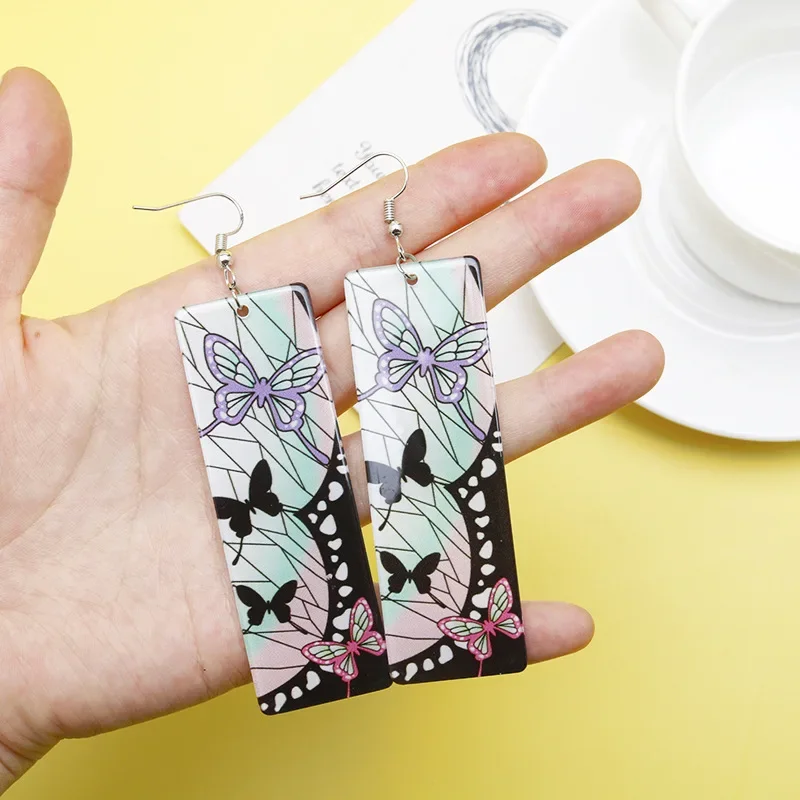 Fashion Acrylic Tanjiro Earrings Demon Slayer Earrings Anime Cosplay Props Hanafuda Drop Long Earrings for Women Girls Jewelry