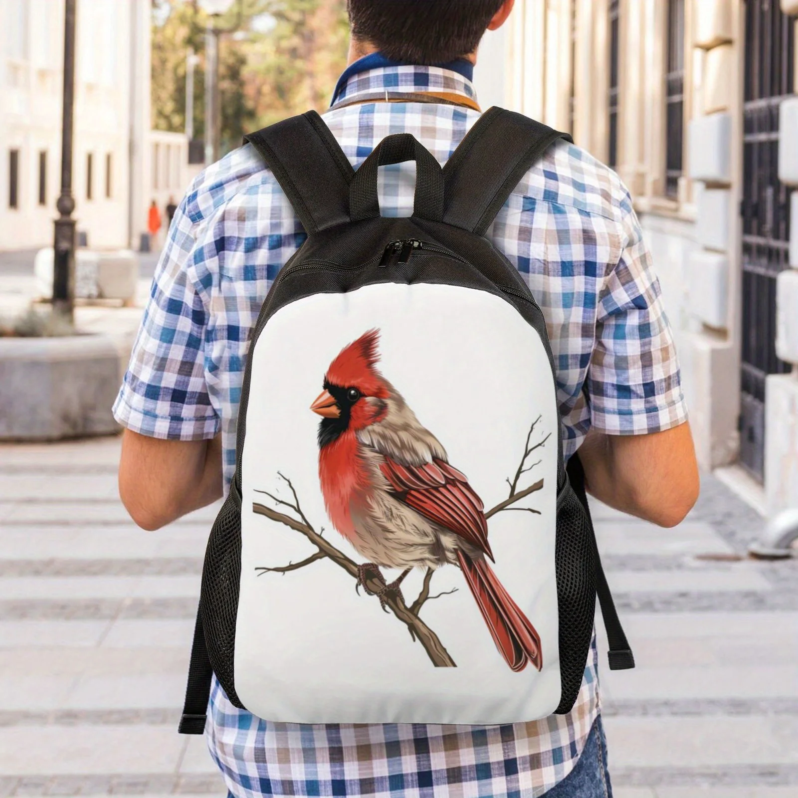 1 street style backpack with red bird pattern, lightweight adjustable men's and women's bag, daily commuting university backpack