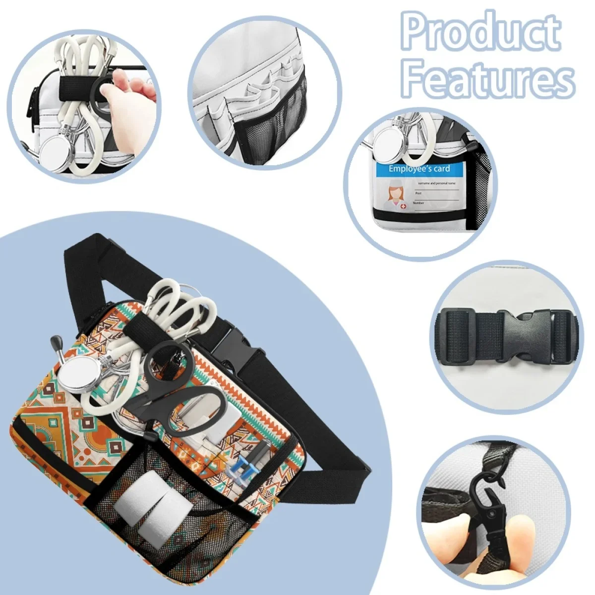 Luxury Tribal Ethnic Design Fashion Waist Bag Hospital Work Portable Adjustable Belt Bag Multi Pocket Medical Tool Storage Pouch