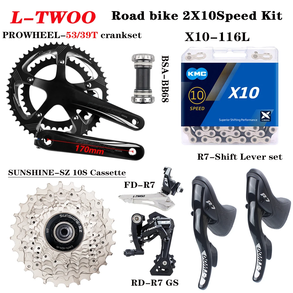 LTWOO 2X10Speed Road Kit R7 Derailleur X10 Chain SUNSHINE Cassette PROWHEEL170-53/39T Crankset Suitable For SHIMANO 20V Groupset