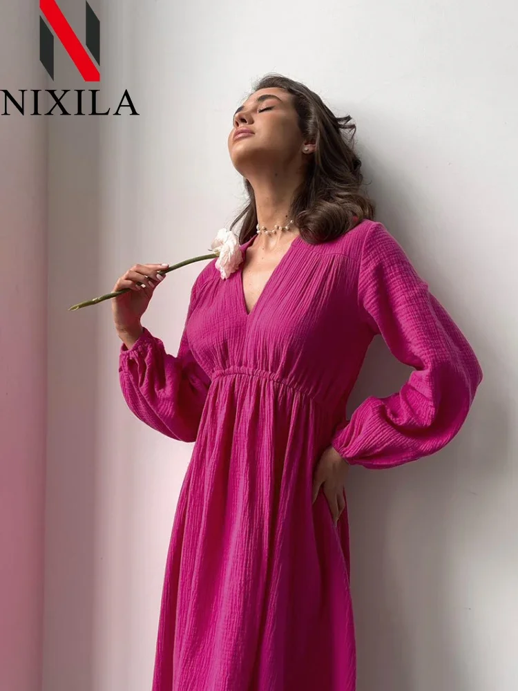 Summer Casual Women Maxi Dress Cotton V-neck A-line Oversize Short Sleeve Midi Dress Puff Sleeve Loose Elegant Long Dress 2024