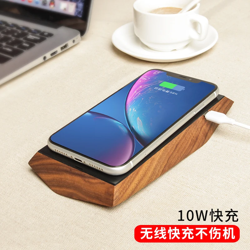 Nouveau chargeur de téléphone sans fil en bois de noyer compatible avec Apple, Xiaomi, Huawei. Bureau induction mise hors tension intelligente produit authentique