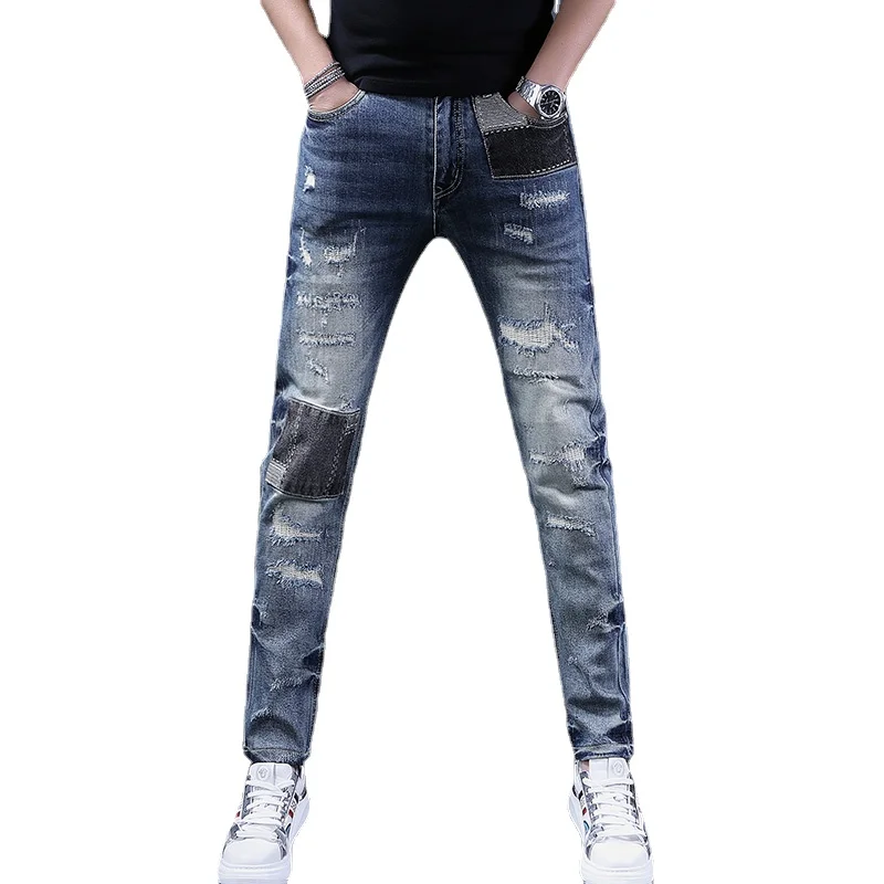 Summer Blue Ripped Patchwork Jeans Men Casual Slim Fit Straight Pants Streetwear Denim Trousers
