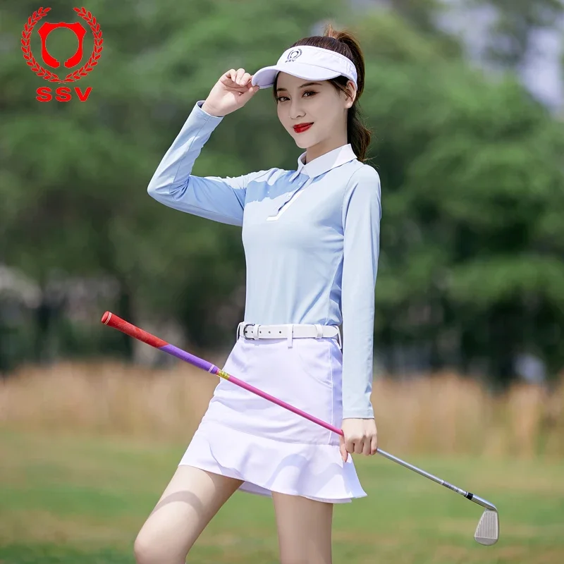 Golfkleding Dames Vier Seizoenen Pak Blauwe Lange Mouw Witte Korte Rok Slanke Sport Ademende Zweet Golf Koreaanse Versie