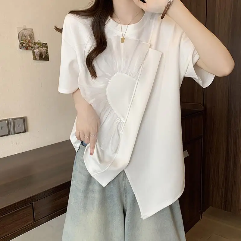 Short Sleeve T-shirts Women Irregular Hem Slit Design Plus Size Loose Summer Korean Style O-neck Splicing Age-reducing New Tops