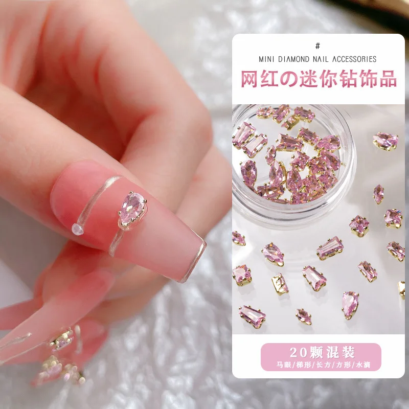 20 Uds de forma mixta, garra de uñas rosa, taza de diamantes de imitación, piedra de cristal de diamante para decoración para uñas, accesorios, piezas, suministros, herramientas