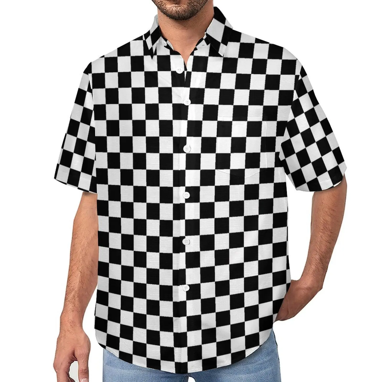 Black And White Check Print Casual Shirts Checkerboard Style Vacation Shirt Summer Street Style Blouses Male Print Large Size