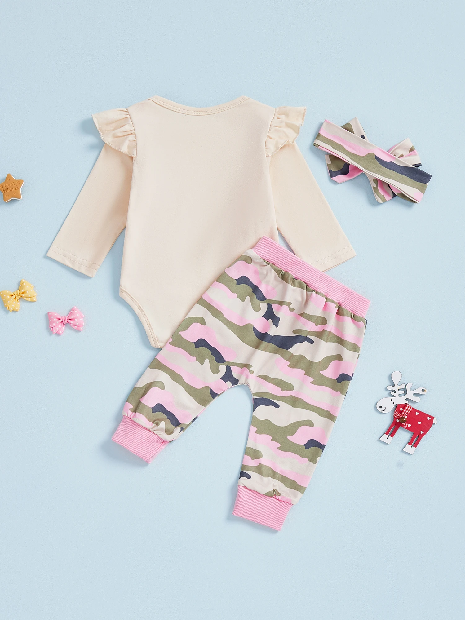 

Baby Girl Clothing Sets Fashionable Long Sleeve Letters Embroidery Romper with Camouflage Pants and Headband 3Pcs Fall Outfits