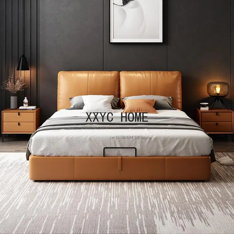 Hot Sale Villa Italian Style Soft Leather Double Beds With Solid Wood Frame Hotel Home Furniture Custom Bed Sets For Bedroom