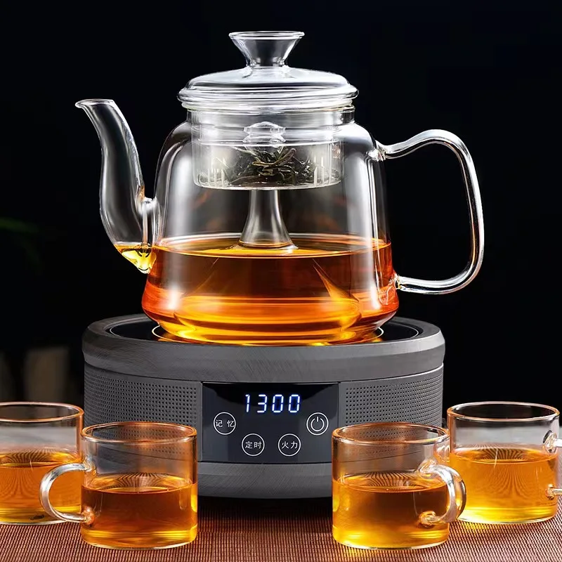 1300ml Glass Filtering Tea Maker Teapot with Candle Heating Warmer and Double Walled Tea Cups Contemporary Teapot Set