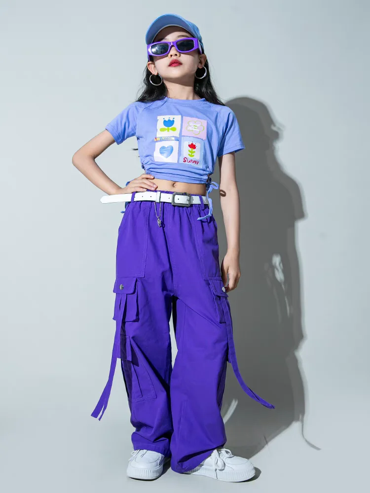 Hip Hop Girls t-shirt Street Dance Solid Cargo Pants Child Candy Color Streetwear Crop Top Clothes Set Kids Sweet Jazz Costumes