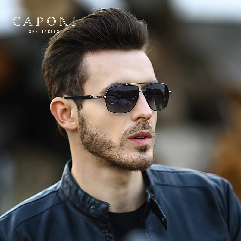 CAPONI Alloy Polarized Men's Sunglasses Driving Classcial Double Bridge Shades Anti-Reflective UV400 Protect Sun Glasses CP8002